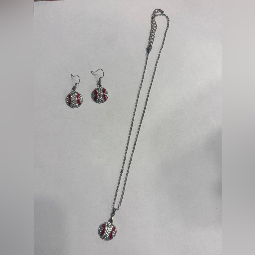 Silver and Red Baseball Jewelry Set